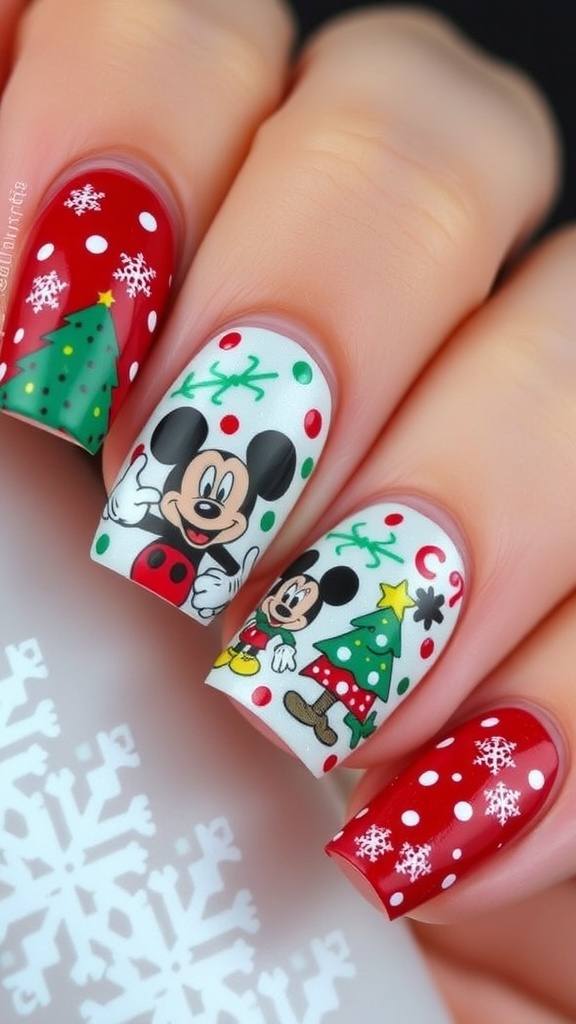 Disney-inspired winter Christmas nail art with festive colors and designs.